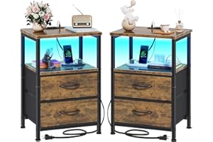 Night Stand Set 2 with Charging Station and 2 Fabric Drawers, Bedside Tables with Storage for Bedroom, End Table with Open Wo
