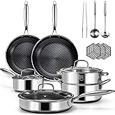 USELUCK 15 Piece Pots and Pans Set, Nonstick Tri-Ply Stainless Steel Cookware Set, Oven Safe, PFOA/PTFE Free, Dishwasher Safe, Compatible with All Cooktops