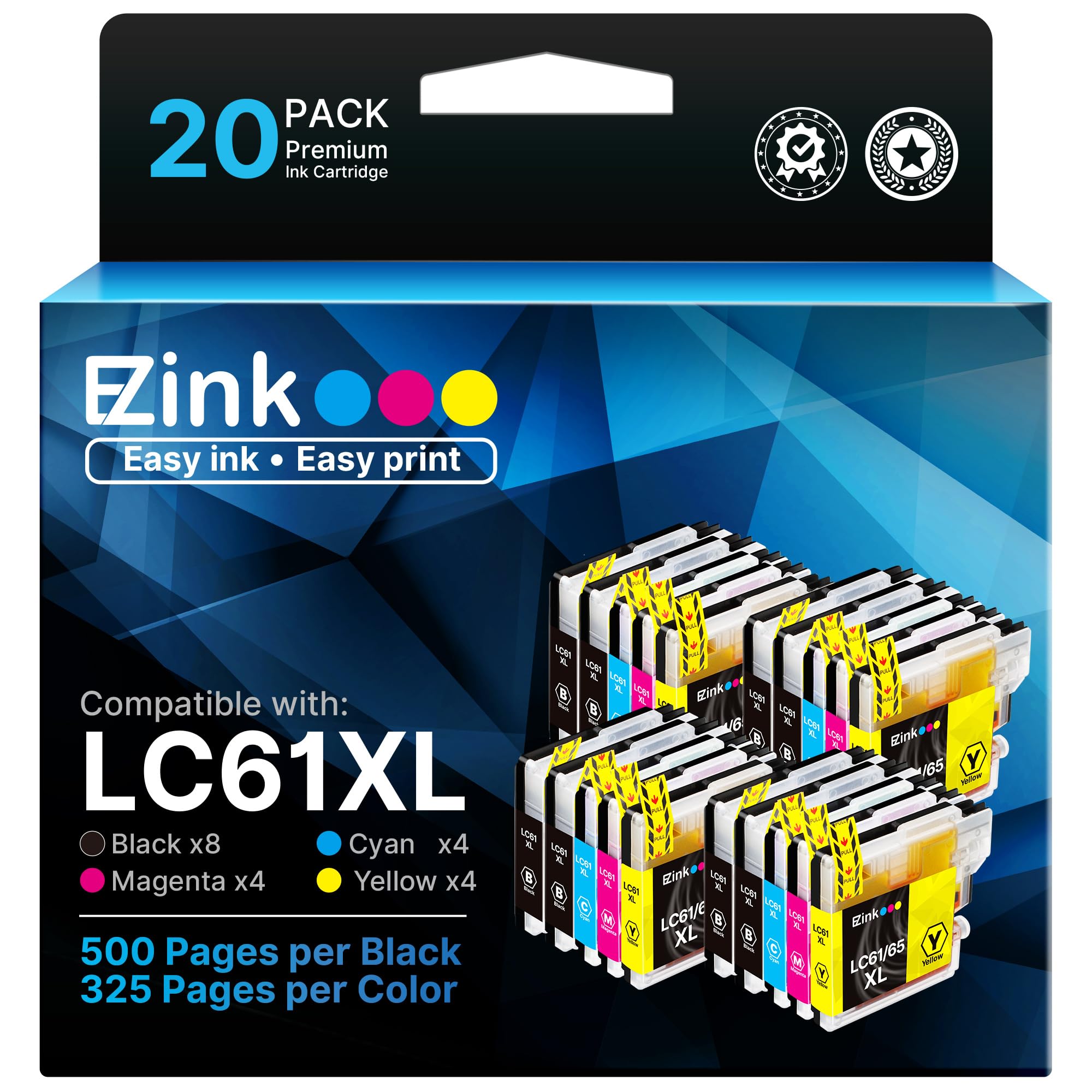 Photo 1 of E-Z Ink (TM Compatible Ink Cartridge Replacement for Brother LC61 LC-61 LC65 XL to use with MFC-J615W MFC-5895CW MFC-290C MFC-5490CN MFC-790CW MFC-J630W (8 Black, 4 Cyan, 4 Magenta, 4 Yellow) 20 Pack
