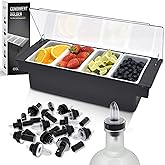 Esatto Bar Products Condiment Holder for Serving Container Chilled Garnish Tray with Lid for Bar Caddy, 4-1 Pint Inserts, With Added 12 Liquor Bottle Pourers, and 12 Pourer Covers - Black