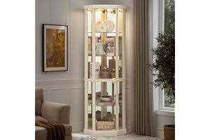 CKEASEAN Corner Curio Cabinet, 70" H Lighted Glass Display Cage with Tempered Glass Doors and 5 Adjustable Shelves, Light Bulb Inclued, Wine Bar China Cabinet for Living Room (White)