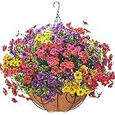 Grunyia Artificial Hanging Flowers Basket with Colorful Silk Daisies & Eucalyptus - UV/Sun-Resistant Plant for Outdoor Porch, Patio, Balcony - Indoor/Outdoor Home Decor