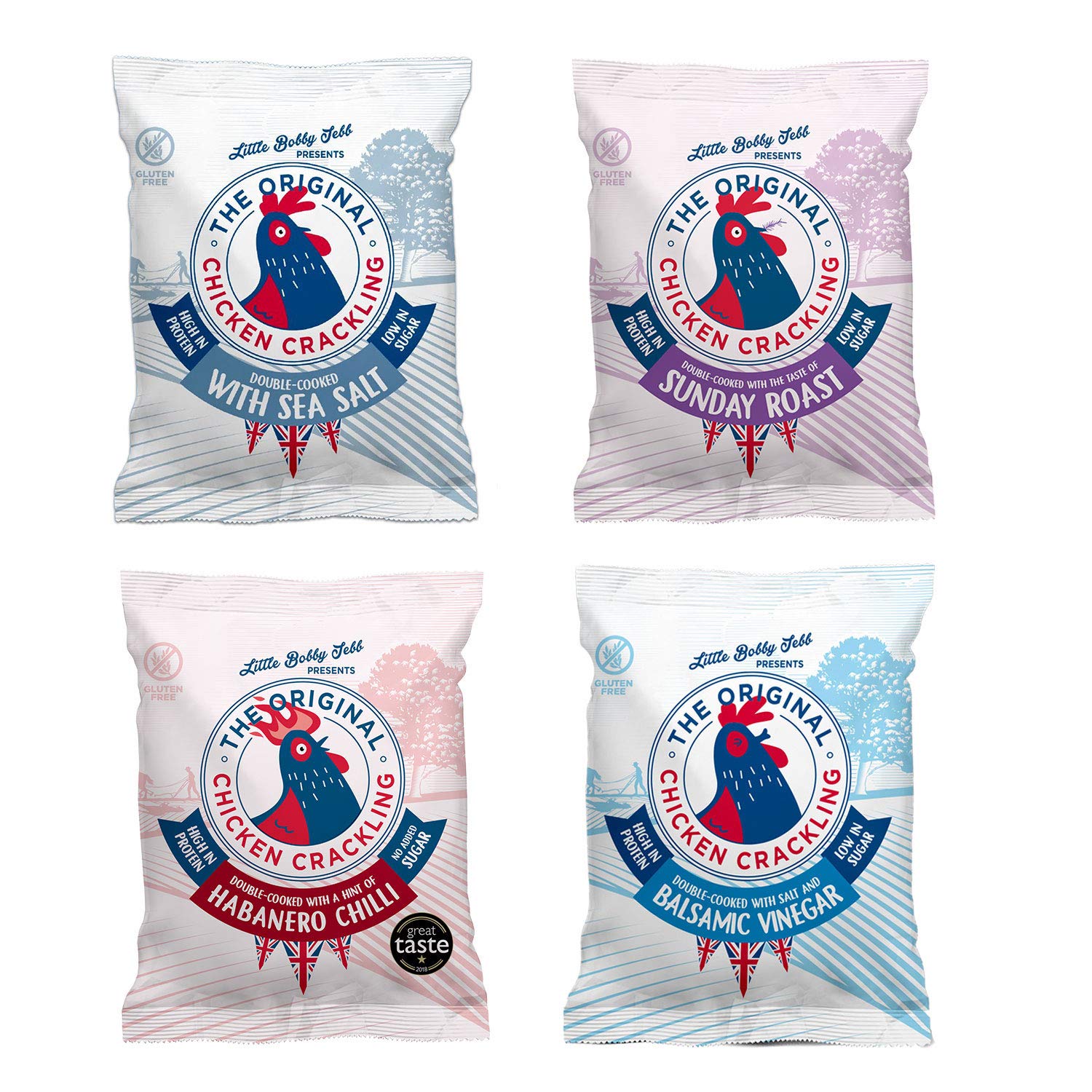 Chicken Crackling Hand Cooked Snack, New Double Cooked, Variety Showcase. Low Carb, High Protein, Keto, Gluten-Free Alternative to Pork Scratchings. 12x 30g Bags