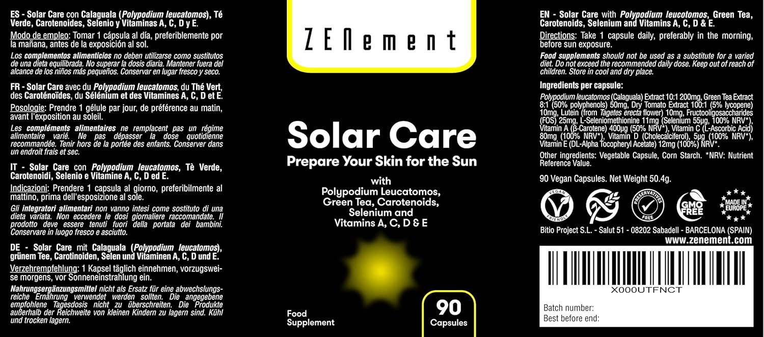 Solar Care, with Polypodium leucotomos, Green Tea, β-Carotene, Licopene, Lutein, Selenium & Vitamin C, D & E, 90 Vegetarian Capsules - Image 3