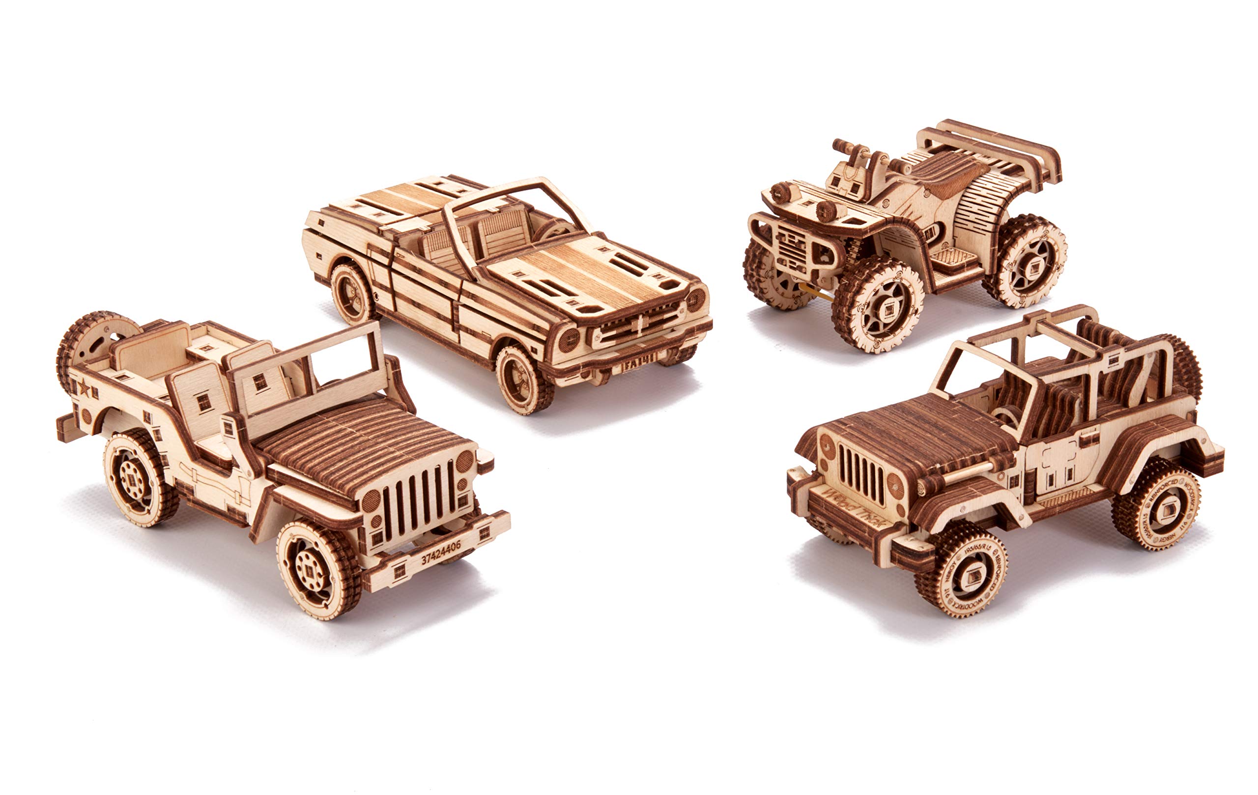 Wood Trick 4-Pack Mechanical Model Cars Kits to Build - SUV, ATV, Cabriolet, Safari - Set of Cars Playset - Moving Parts - 3D Wooden Puzzle, Assembly Constructor, Brain Teaser for Kids and Adults