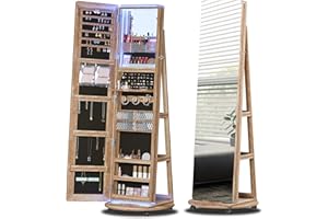 TAGELIER Full Length Mirror with Storage, Standing Mirror Jewelry Cabinet with 3 Color LED Lights, 360° Swivel Jewelry Armoire with Mirror & Storage Shelves, Brown