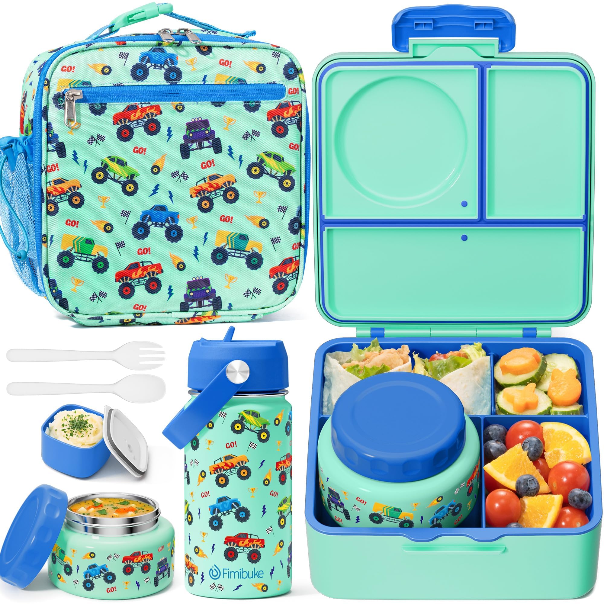 Photo 1 of Fimibuke Kids Bento Lunch Box with Thermos, Leakproof Toddler Bento Box with 8.5 OZ Insulated Food Jar, Lunch Bag, Kids Water Bottle, 3 or 4 Compartment Container for Back to School Toddler Girls Boys