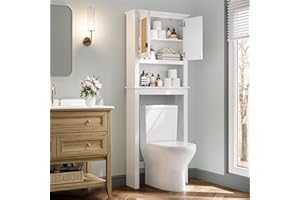 Over-Toilet Storage Cabinet – Freestanding Wood Bathroom Organizer with Rattan Doors & Adjustable Shelf, White