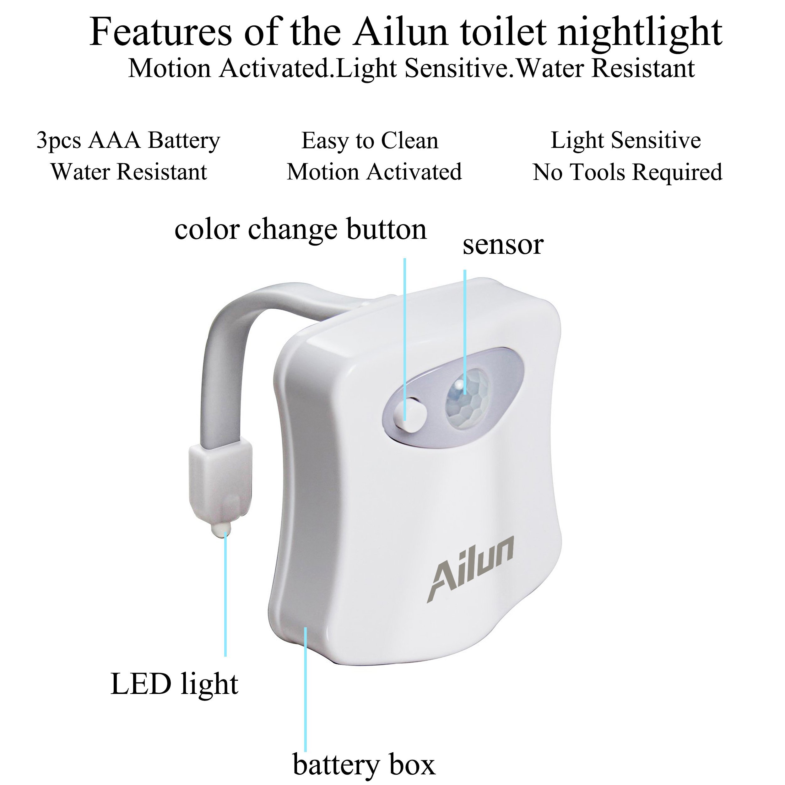 Toilet Night Light 2Pack by Ailun Motion Sensor Activated LED, 8 Colors