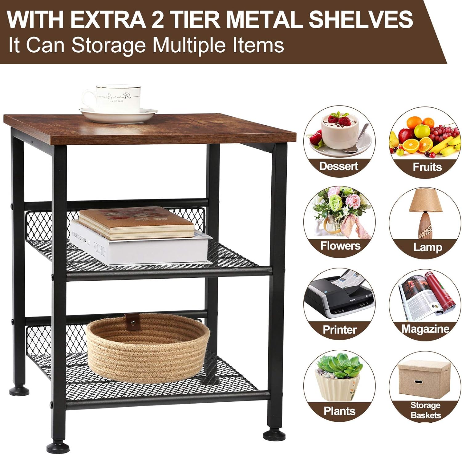 Tomcare 2 Pack End Table Nightstands 3 Tier Side Tables Set Night Stands with Metal Mesh Storage Shelves Industrial Night Tables with Metal Frame Solid Wood Small Tables for Living Room Bedroom: Home & Kitchen