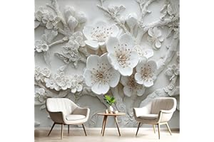 3D Flower Tree Relief Mural Wallpaper, Romantic Plants Wall Mural For Living Room Bedroom, White Wallpaper For Tv Sofa Backgr