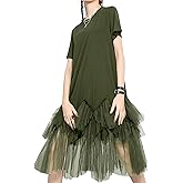 ellazhu Women's Casual Short Sleeve Crew Neck Tutu Tulle Dress with an Oversized Fit GY2266