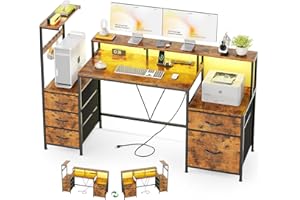 MUTUN 63 Inch Computer Desk with Led Lights & Power Outlet, Reversible Home Office Desk with Printer Stand and Storage Shelve