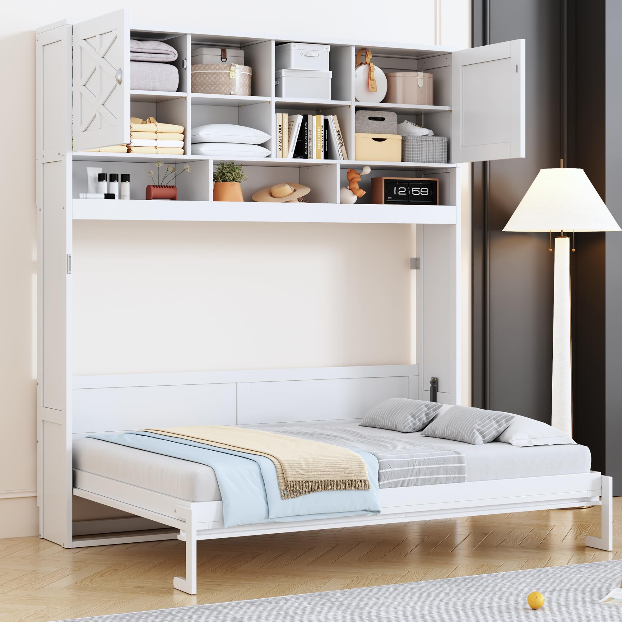 Photo 1 of Merax Queen Size Murphy Bed with Top Cabinets and Shelves, Fold into The Wall, Space-Saving Design, Multifunctional Foldable Platform Bed Frame for Bedroom, Guest Room, Home Office, White (slight chipping on boards) 