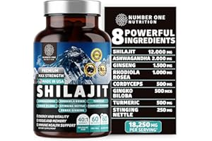NUMBER ONE NUTRITION Pure Himalayan Shilajit for Women and Men [50% Fulvic Acid] Better Than Resin with Ashwagandha, Ginseng, Turmeric, Gingko Biloba, Stinging Nettle, Cordyceps to Support Energy & Immunity, 60Caps