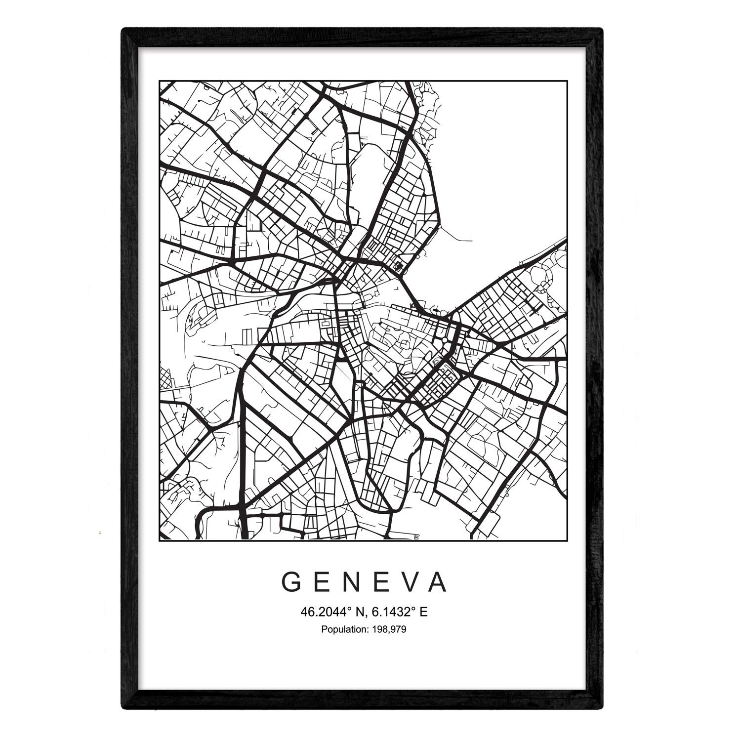 Blade Geneva city map Nordic style black and white. A3 size,printed poster paper No 250 gr. Paintings, prints and posters for living room and bedroom