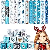 LOMIMOS 48PCS Christmas Blue White Slap Bracelet,Xmas Snap Wristband with Santa Claus Star Reindeer Snowman Snowflake for Kids Party Favors Little Toys(12 Design
