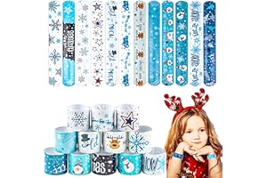 LOMIMOS 48PCS Christmas Blue White Slap Bracelet,Xmas Snap Wristband with Santa Claus Star Reindeer Snowman Snowflake for Kids Party Favors Little Toys（12 Design