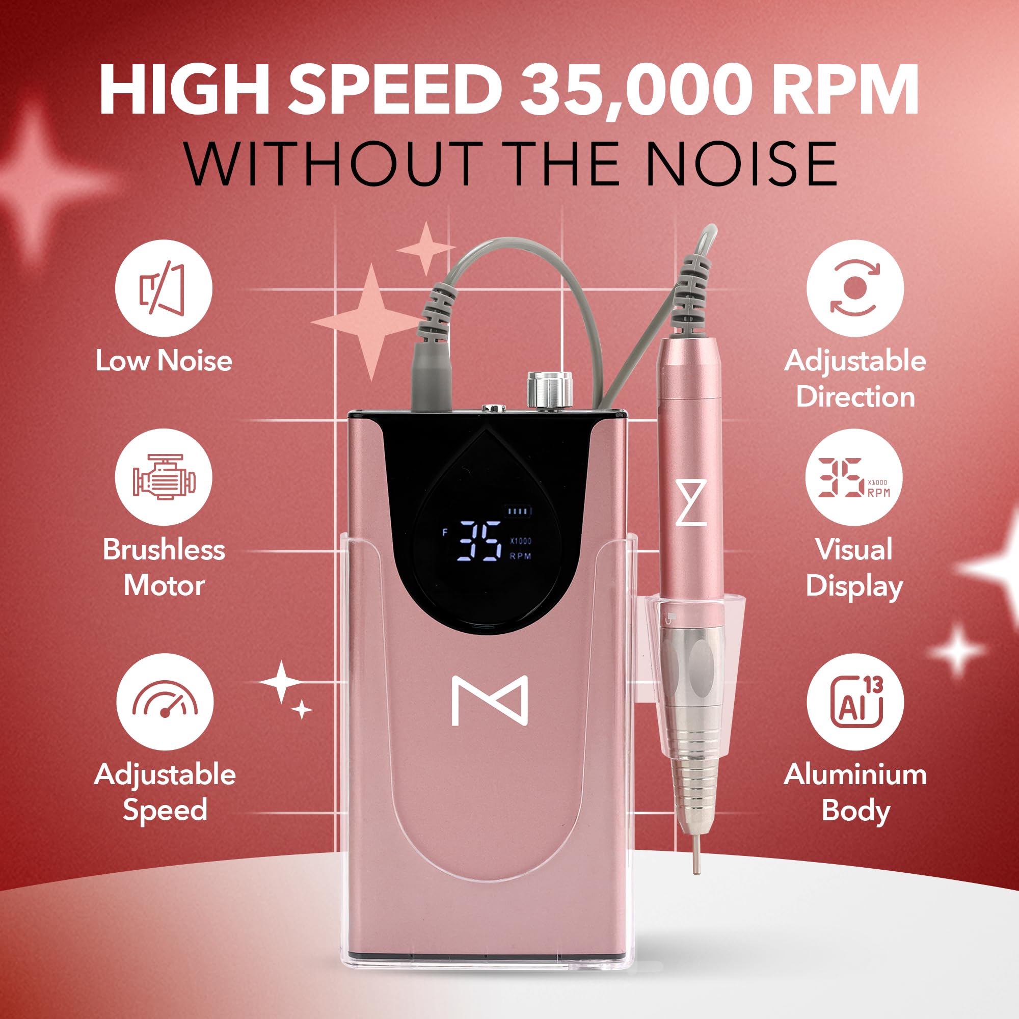 M Max - Nail Drill Professional - 2-in-1 Brushless Motor Nails Drill Machine - Electric, Cordless, Aluminium Alloy Casing, 35000 RPM, HD Display - Perfect for Salon & Home Use (Rose Gold) - Image 7