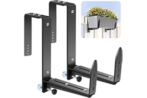 VOXOR Window Box Brackets, Adjustable Planter Box Brackets, Heavy Duty Iron Flower Box Bracket for Deck Railing with Upgraded Bottom Support - Ideal for Balconies, Fences, and Gardens (2 Pack)