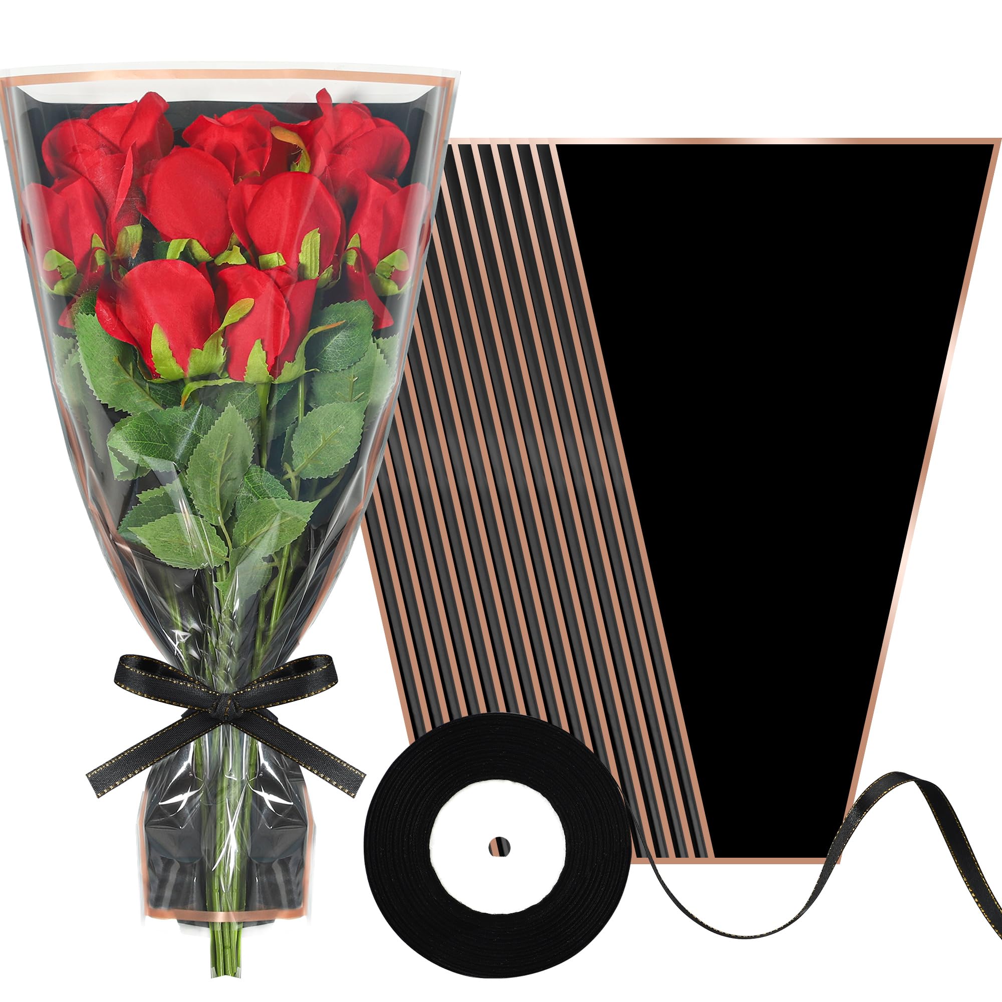 Photo 1 of 50 PCS Flower Wrapping Bags for Bouquets Plastic Flower Bouquet Sleeves with Ribbon 17 x 11 Inches Black Floral Bouquet Packing Sleeves for Birthday Mother's Day Wedding Graduation Florist Supplies