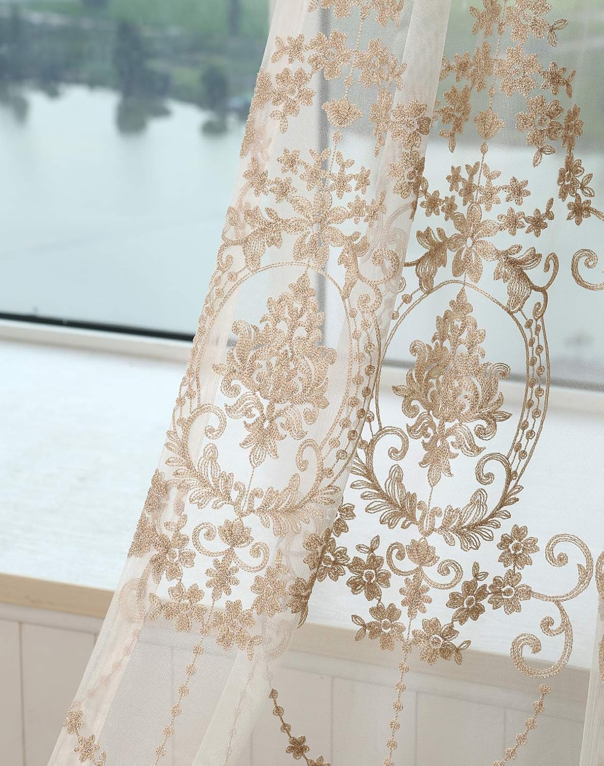 High Grade European Embroidered Sheer Curtains Rod Pockets Top Window Treatment Voile Panel Drape for Living Room Bedroom Kichen and Dining Room(1 Panel,W50 x L63 inch,Beige Bottom + Gold Embroidery): Home & Kitchen