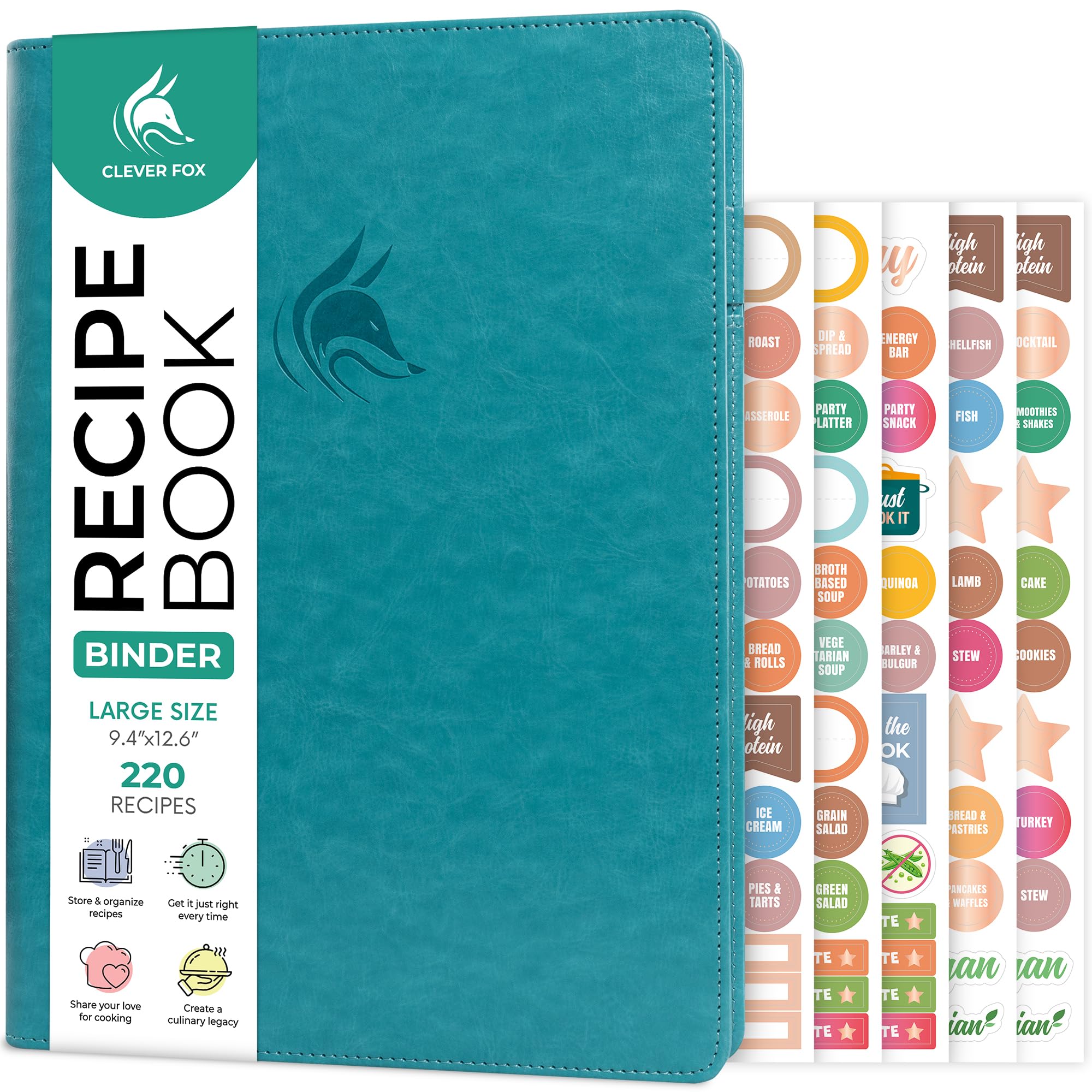Photo 1 of Clever Fox Recipe Book Binder with Tabs – Ring Notebook Organizer with Blank Pages to Write in Your Own Recipes – Personalized Family Cook Book, 220 Recipes, 9.4x12.6” (Turquoise)
