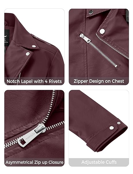 WANTDO WOMEN’S ZIP UP LIGHTWEIGHT LEATHER JACKET PLUS SIZE MOTO COAT WINE RED 4X