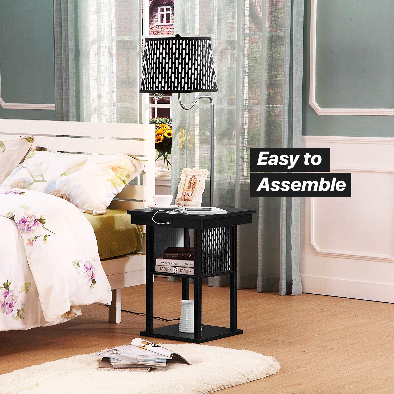 Madison - Narrow Nightstand with Built in Lamp, USB Port & Shelves for Bedrooms - Mid Century Modern End Table & Attached Floor Lamp for Living Rooms - Side Table & Reading Light - Black