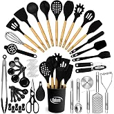 Kaluns 50 PCS Silicone Kitchen Utensils Set Complete Kitchen Set - 800&deg;F Heat Resistant Non-Stick Premium Silicone Cooking Utensils W Wooden Handles - Can Opener, Masher, Turner, Silicone Spatula Set