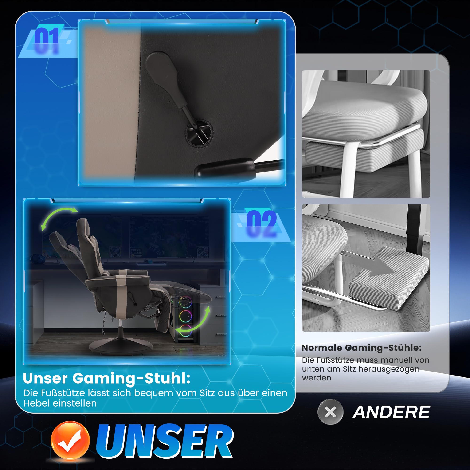 PALLOME Gaming Stuhl mit Massagefunktion, Höhenverstellbarer Gaming Chair mit Ausziehbarer Fußstütze & Getränkehalter, Ergonomischer Bürostuhl mit Kopfstütze, Drehbarer Racing Gamer Chair (Grau) 8