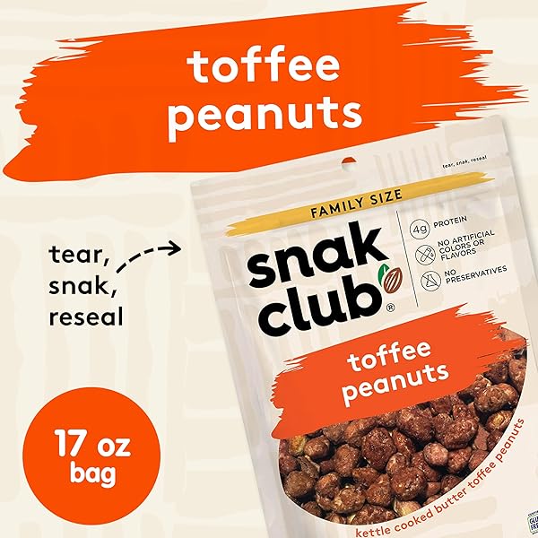 SNAK CLUB TOFFEE PEANUTS, CANDIED PEANUTS WITH PRALINE COAT AND SWEET CREAM, GLUTEN-FREE AND KOSHER SNACK, 17 OZ RESEALABLE BAG