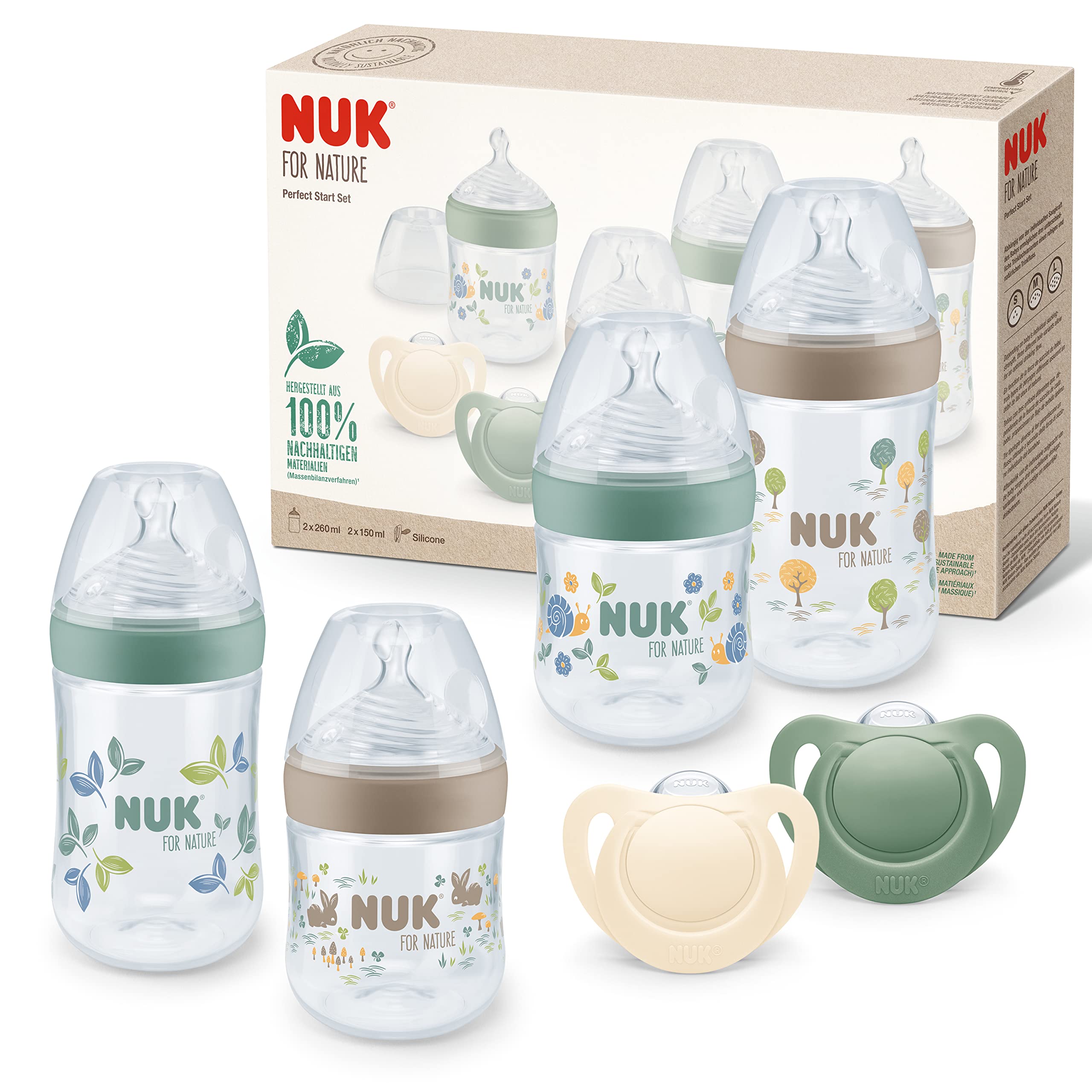 NUK for Nature Perfect Start Baby Bottle & Dummy Set | 0-6 Months | 100% Natural Raw Materials | 4 x Bottles (150 ml & 260 ml) | 2 x Silicone Soothers | BPA-Free | 6 Count