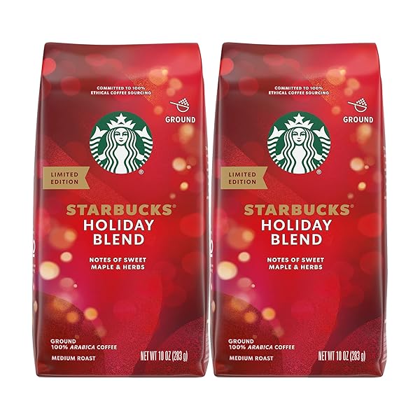 STARBUCKS GROUND COFFEE BAG, HOLIDAY BLEND, MEDIUM ROAST COFFEE, 100% ARABICA COFFEE, NOTES OF SWEET MAPLE & HERBS, 10-OUNCE BAG (PACK OF 2)