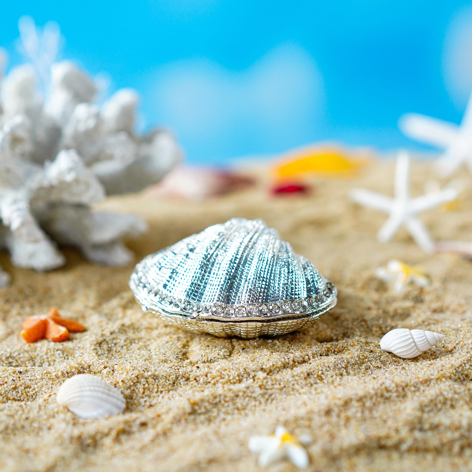 YU FENG Silver Mussel Hinged Trinket Box Wedding Ring Holder Metal Seashell Figurine For Ring Display