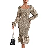 PRETTYGARDEN Women's Long Puff Sleeve Floral Midi Bodycon Dresses Square Neck Ruffle Mermaid Smocked Dress