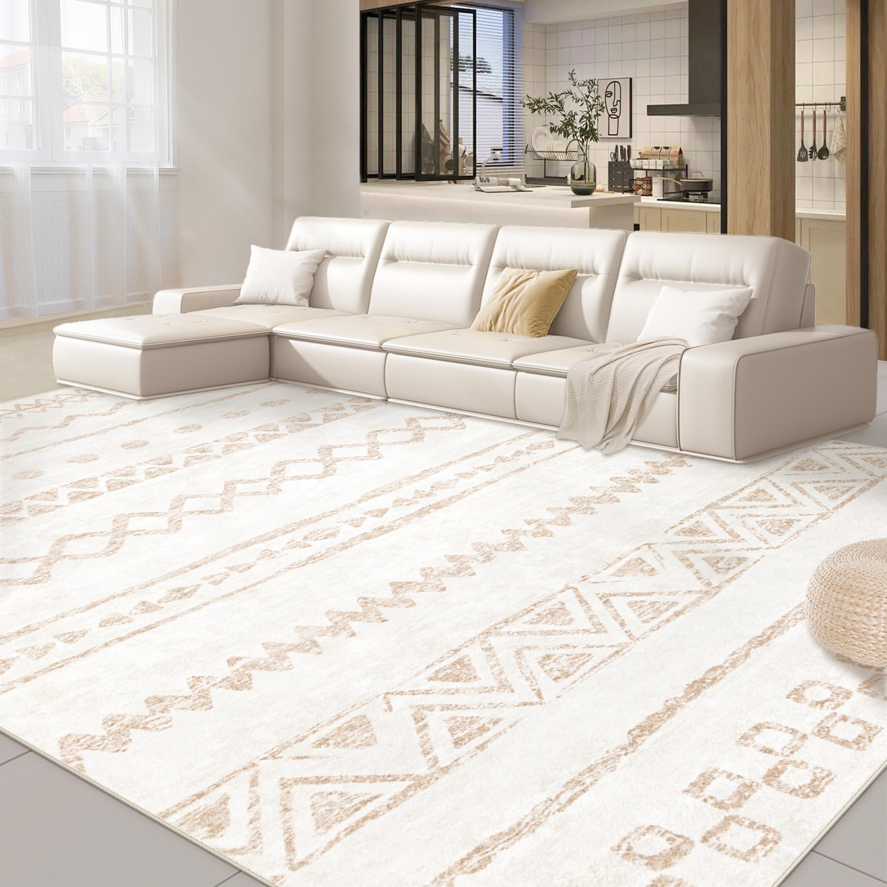 Photo 1 of 8x10 Area Rugs for Living Room: Washable Large Rug Modern Geometric Rugs Soft Non-Slip Indoor Floor Carpet Moroccan Farmhouse Rug for Bedroom Dining Room Nursery Offices (Beige, 8'x10')