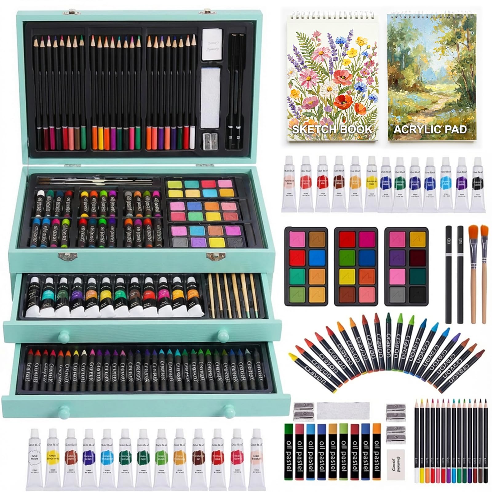 Photo 1 of 175-Pack Deluxe Wooden Art Set Drawing Painting Kit with 2 Drawing Pads, Acrylic Paints, Colored Pencils, Crayons, Paint Brush, Art Kit in Wooden Case, Gift for Artist, Adults, Teens and Kids