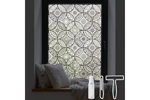 DKTIE Boho Stained Glass Look Window Privacy Film with Installation Tools, Decorative Frosted Glass Window Film Static Cling No Glue Removable, Pure Black, 17.7" x 78.7"