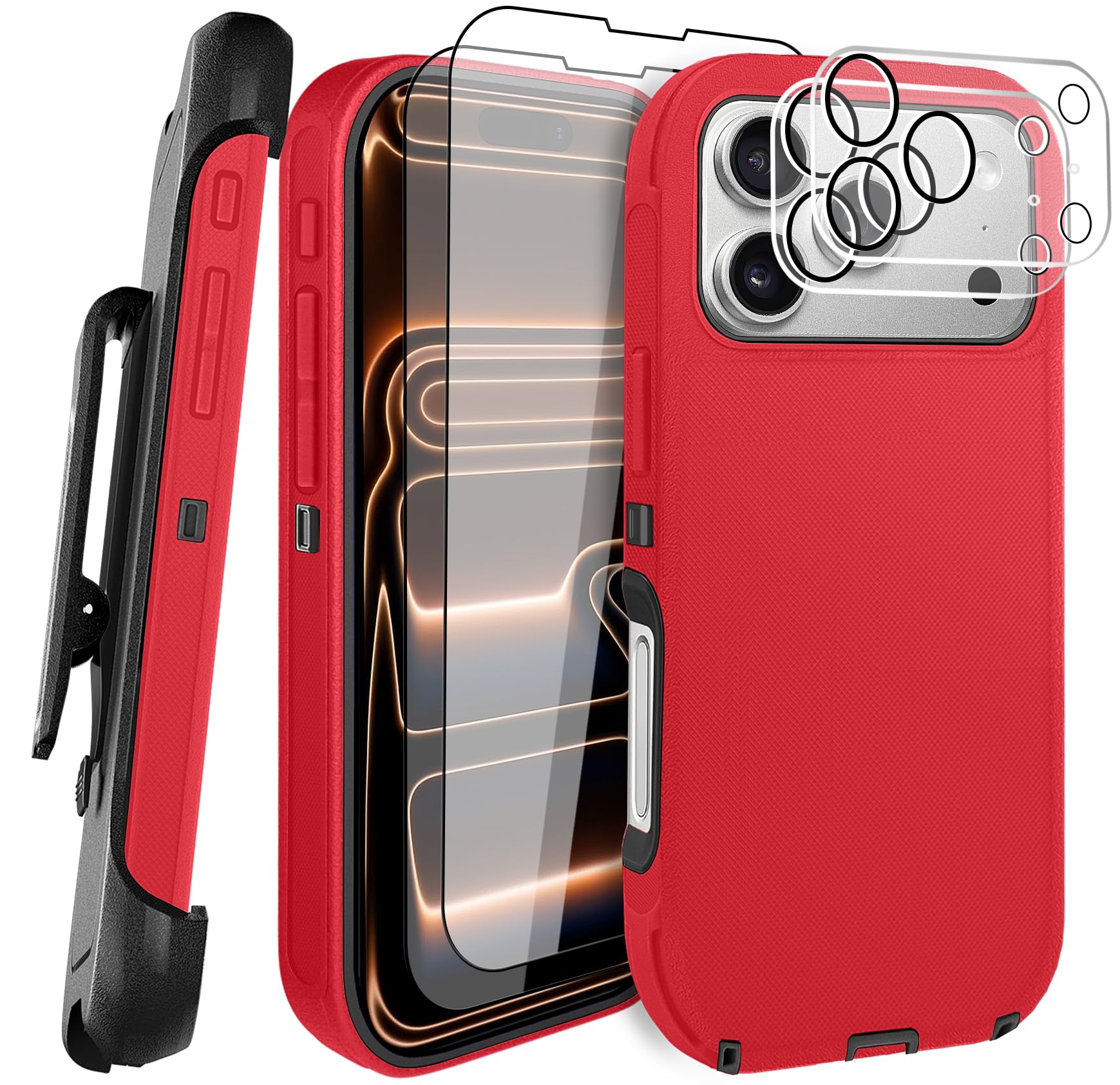 JGS for iPhone 17 Pro Max Case 6.9", Military Grade 3 in 1 Heavy Duty Shockproof/Drop Proof Case with 2 Screen Protector + 2 Camera Lens Protector, Includes Holster Clip Kickstand (Red Black)