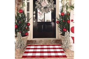 HOMYDECOR Christmas Red and White Plaid Rug, 28 x 43 Inches Cotton Hand-Woven Layered Door Mat for Front Porch, Entryway, Outdoor Holiday Decor, Washable Buffalo Check Rug for Home, Patio, Kitchen