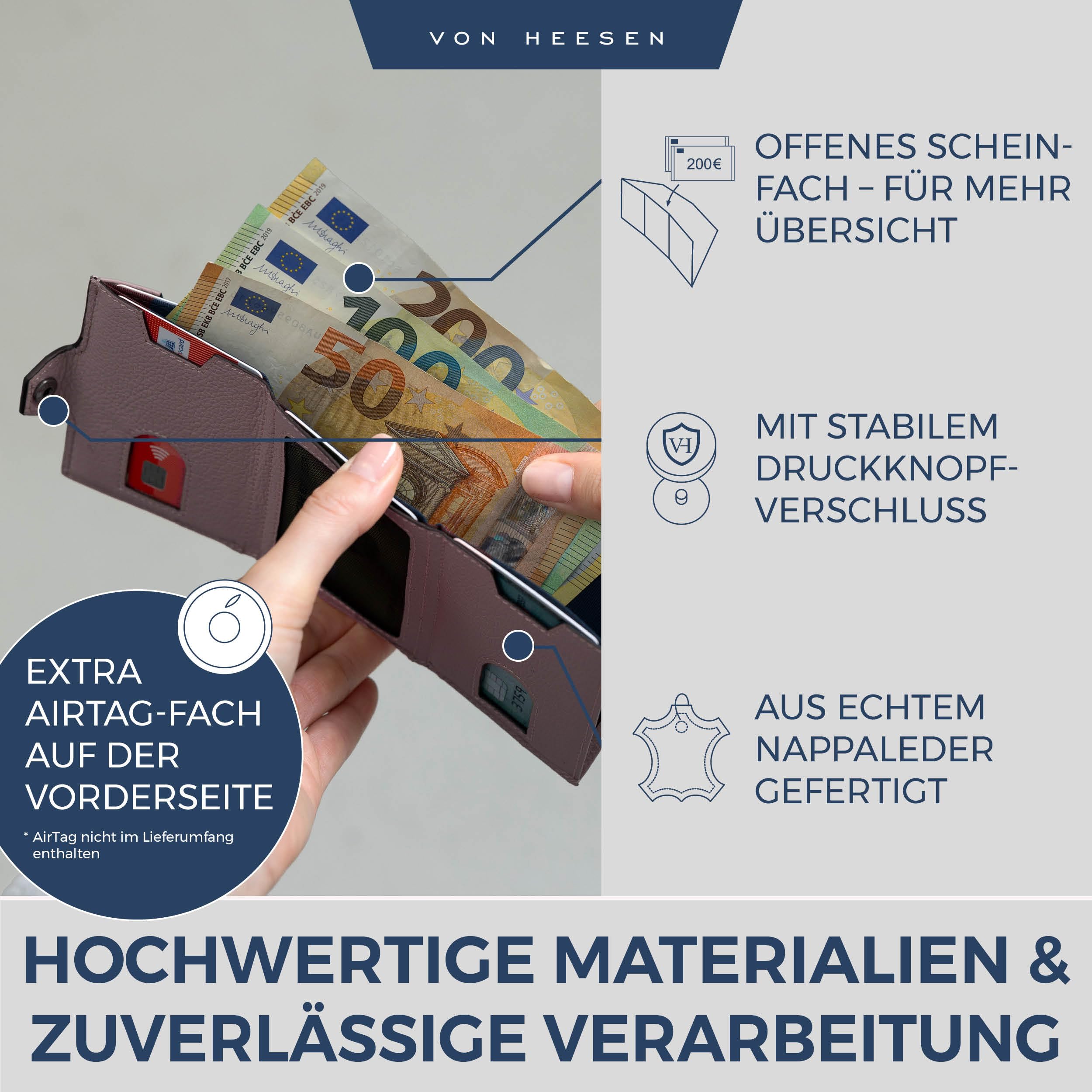 VON HEESEN Airtag Slim Wallet mit RFID-Schutz - Airtag Portmonee Herren klein aus echtem Leder - Mini Geldbörse - Kreditkartenetui Kartenetui - Portemonnaie Geldbeutel (Lavendel) 3