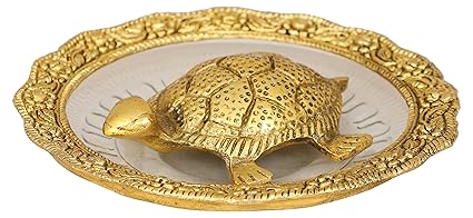 Metal Tortoise on Glass Plate for Good Luck Feng Shui (14 cm x 14 cm x 3 cm, Gold)