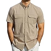 JOGAL Mens Button Down Short Sleeve Shirt Regular Fit Button Up Work Shirts with Two Pockets