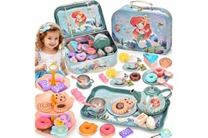 Lajeje 52Pcs Mermaid Tea Party Set for Little Girls, Pretend Tin Teapot Set with Metal Carrying Case, Little Mermaid Princess Toys, Stocking Stuffers for Kids, Birthday Gift for Age 3-6 Year Olds