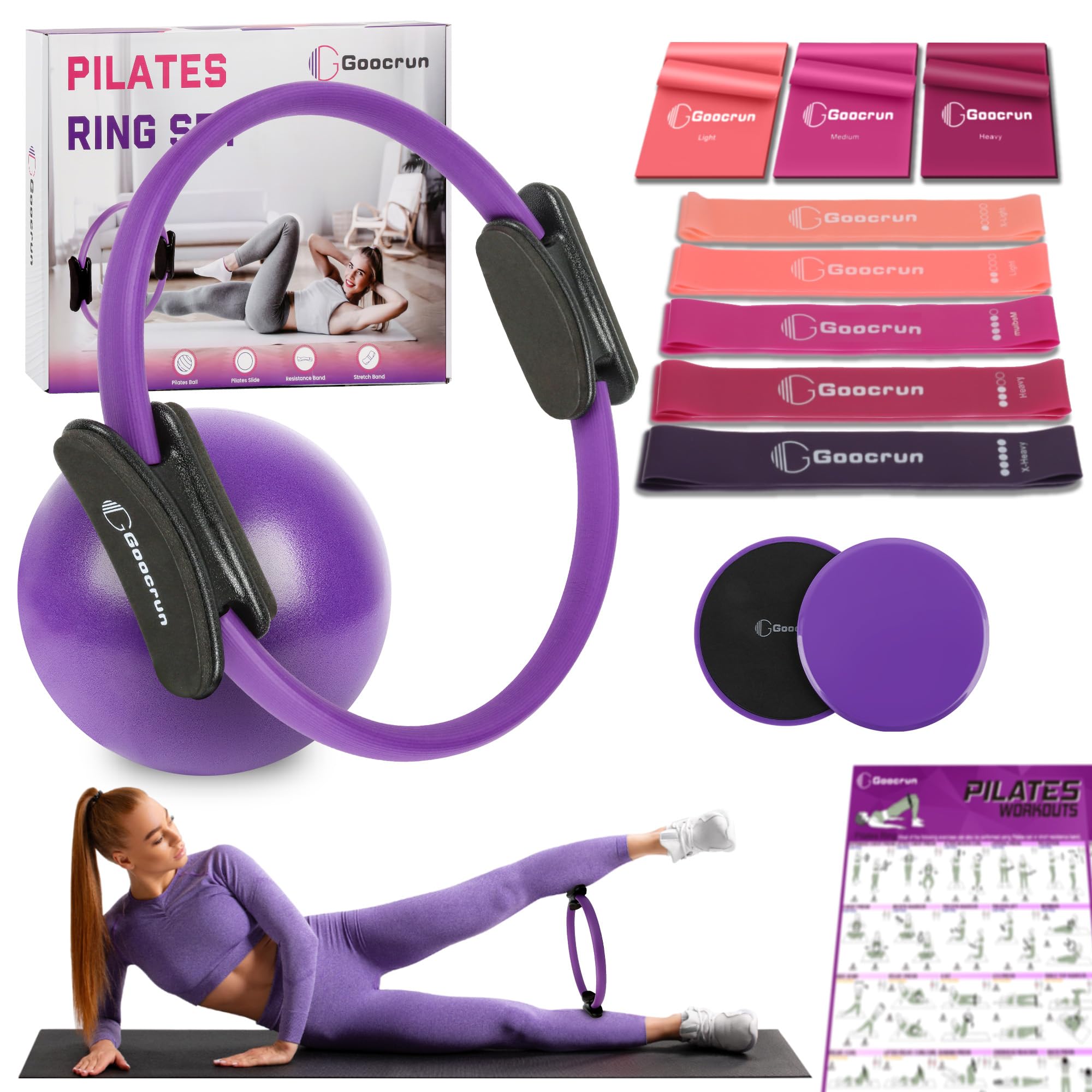 Photo 1 of Goocrun Pilates Ring Set Exercise Equipment with Exercise Bands Resistance Bands Set, Pilates Ball, Sliding Disks – Workout Equipment Home Gym Includes Complete Fitness Poster (Purple)