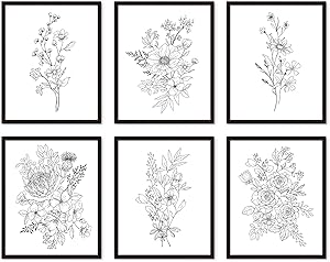 Black and White Flower Wall Art Prints Set of 6 UNFRAMED, Wildflower Botanical Floral Drawing, Bedroom Poster Living room Artwork, Farmhouse Aesthetic Decor (8x10)