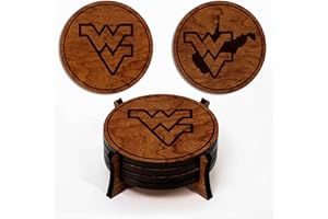 LazerEdge West Virginia Mountaineers Wooden Coaster Set - Cherry Wood - Officially Licensed Product - 4-Pack