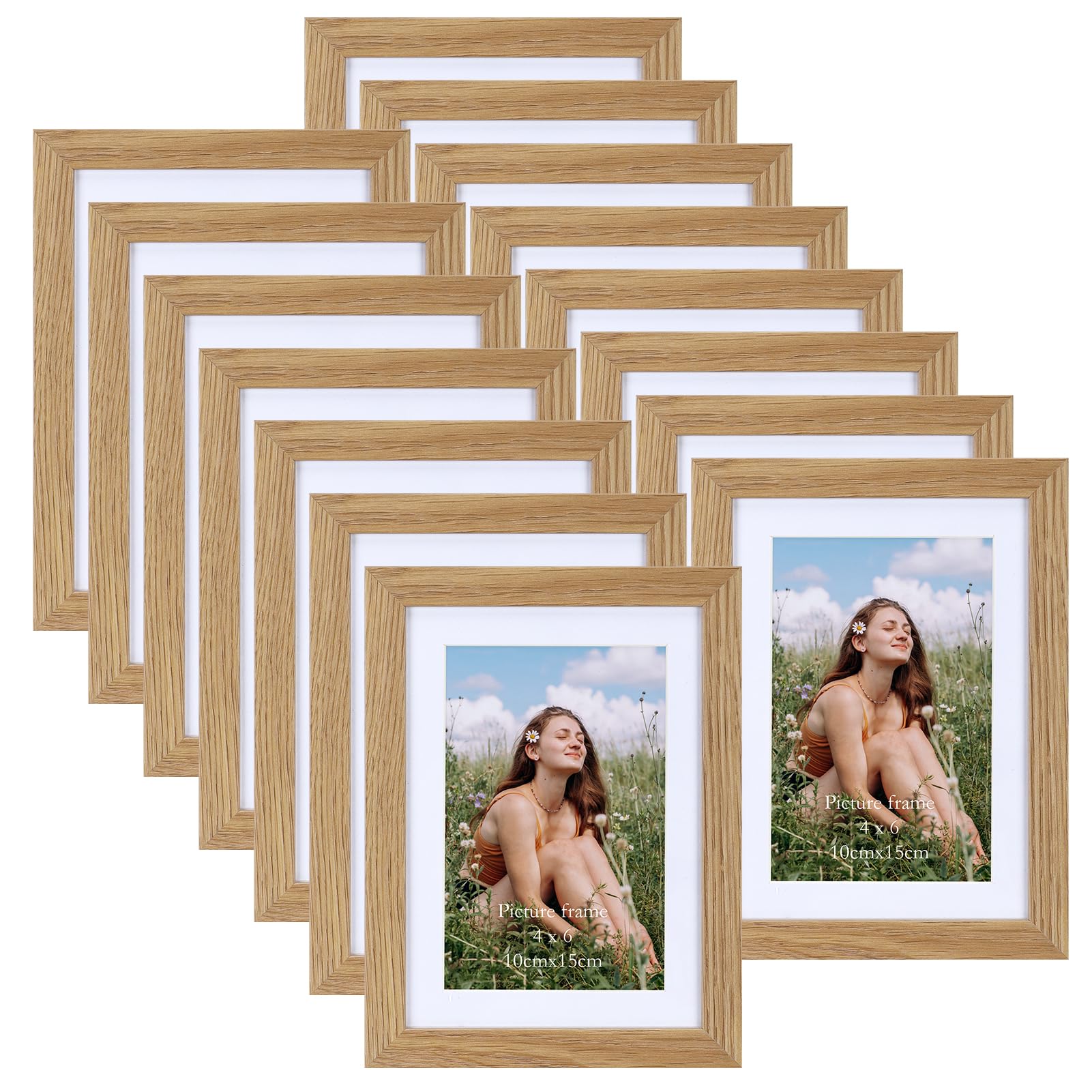 Vasemouh 15 Pack Photo Frames 6x4 with Mat, Versatile Photo Frames 7x5 Without Mat, Natural Wood Colour Picture Frame for Wall or Tabletop Display