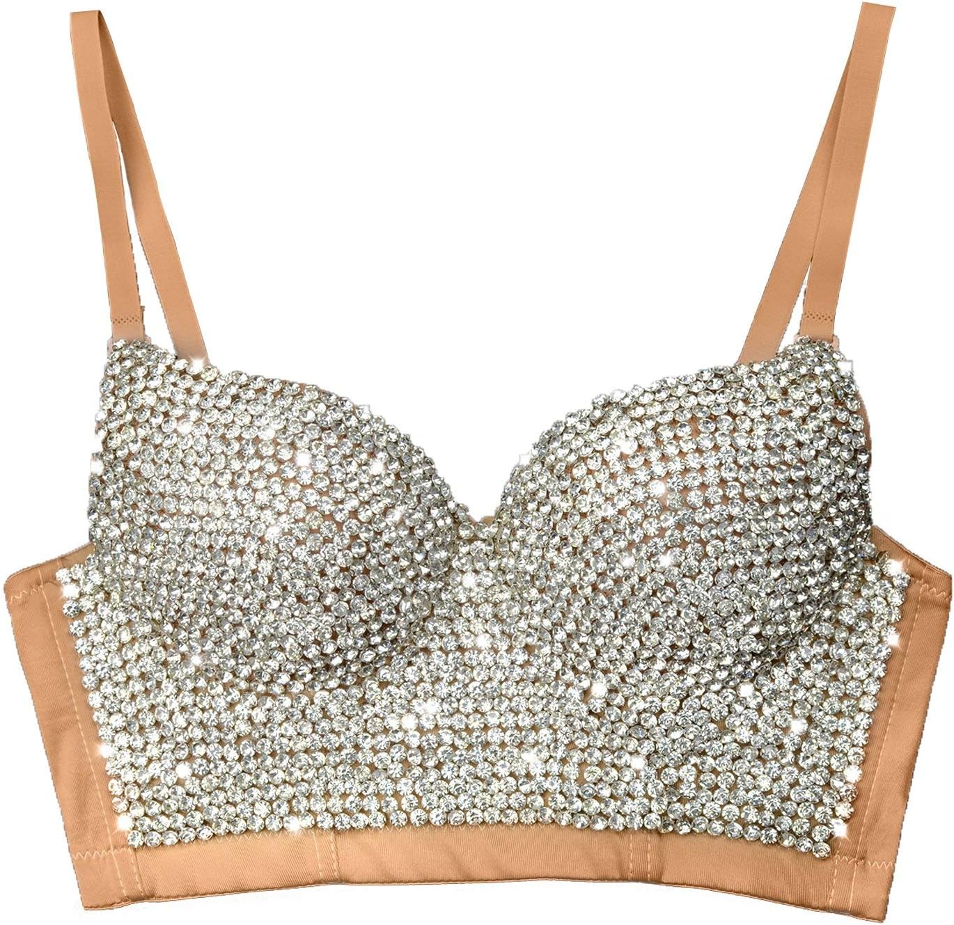 ELLACCI Women's Handmade Rhinestone Diamond Push up Bustier Crop Top Sexy Punk Corset Bra Khaki